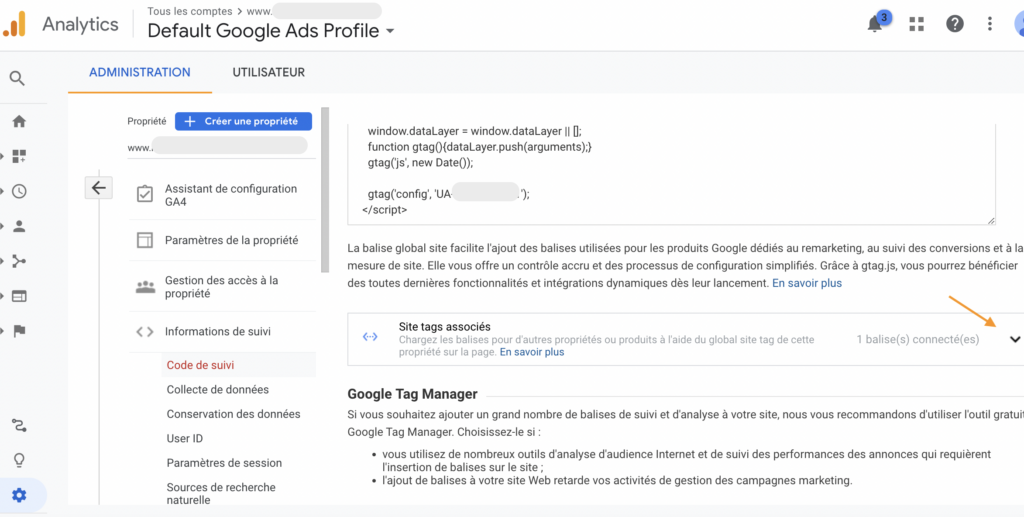 Etape 2 : installation de GTAG via la balise UA pour google analytics 4