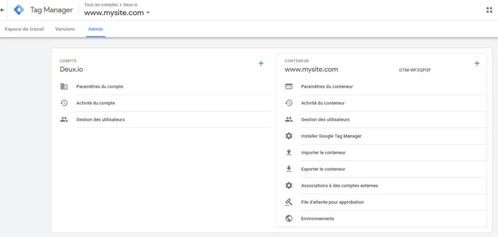 Google Tag Manager Interface espace admin