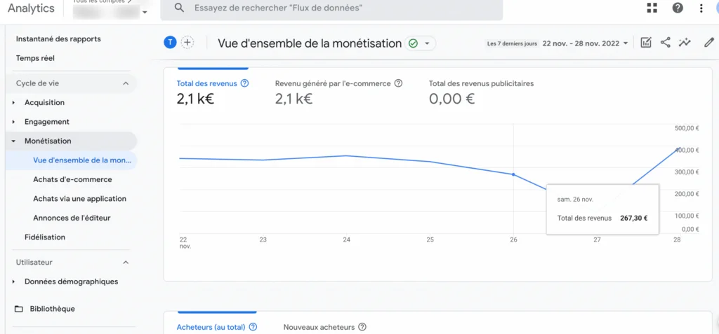 Allez dans votre propriété GA4 > Rapports > Monétisation