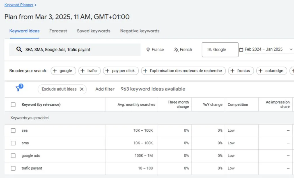 Google Ads Keyword Planner premiers résultats