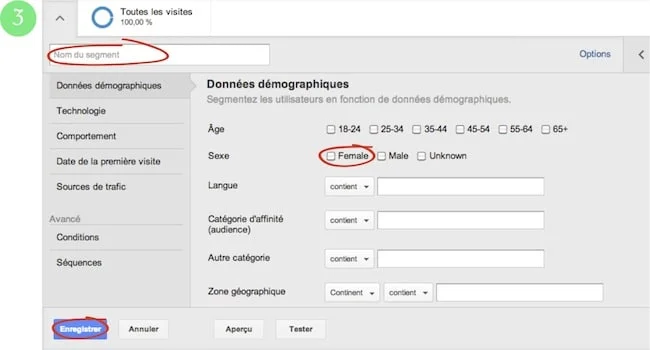 créer un segment avancer données démographiques Google Analytics