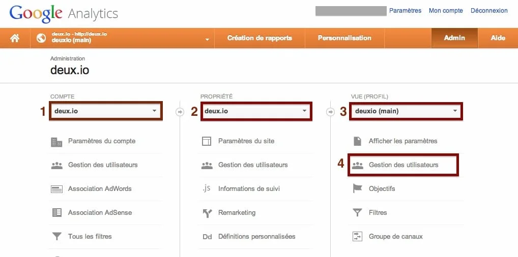 google analytics admin gestion des utilisateurs