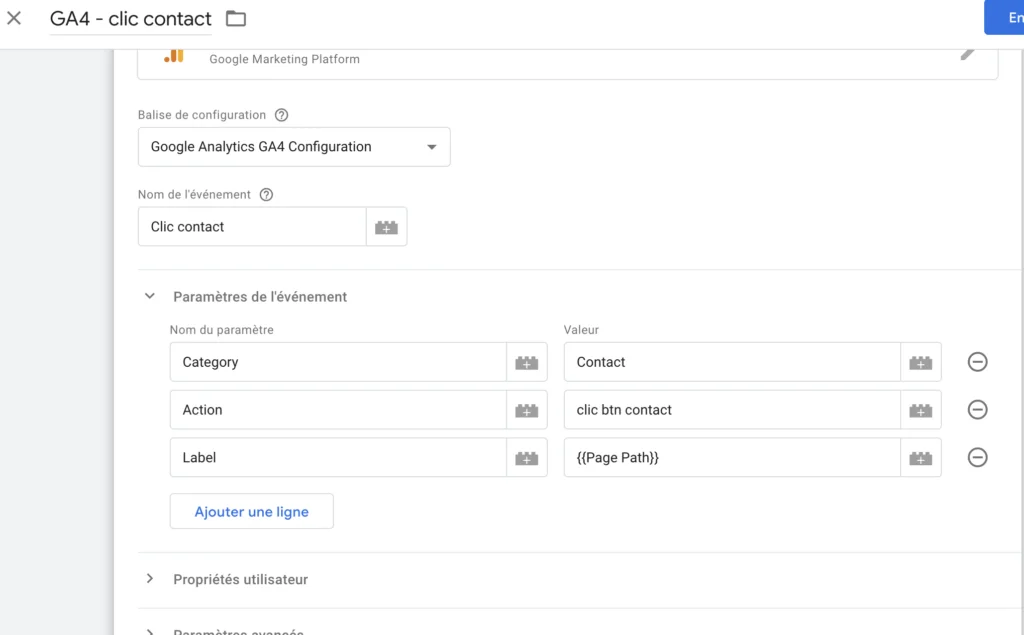 paramètre de l'évènement Google Analytic