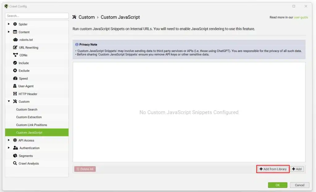 Ouvrer la configuration JavaScript custom étape 1
