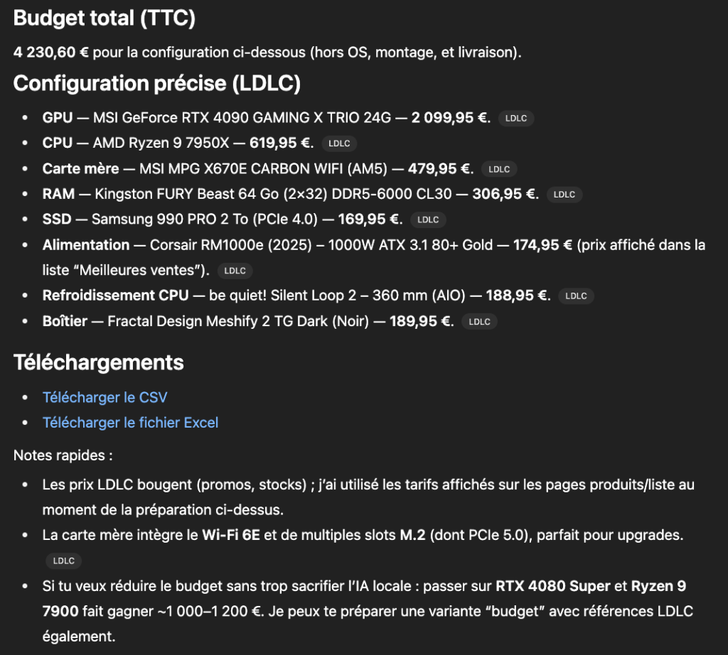 réponse LLM configuration pc