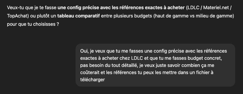 réponse LLM qui propose des sites